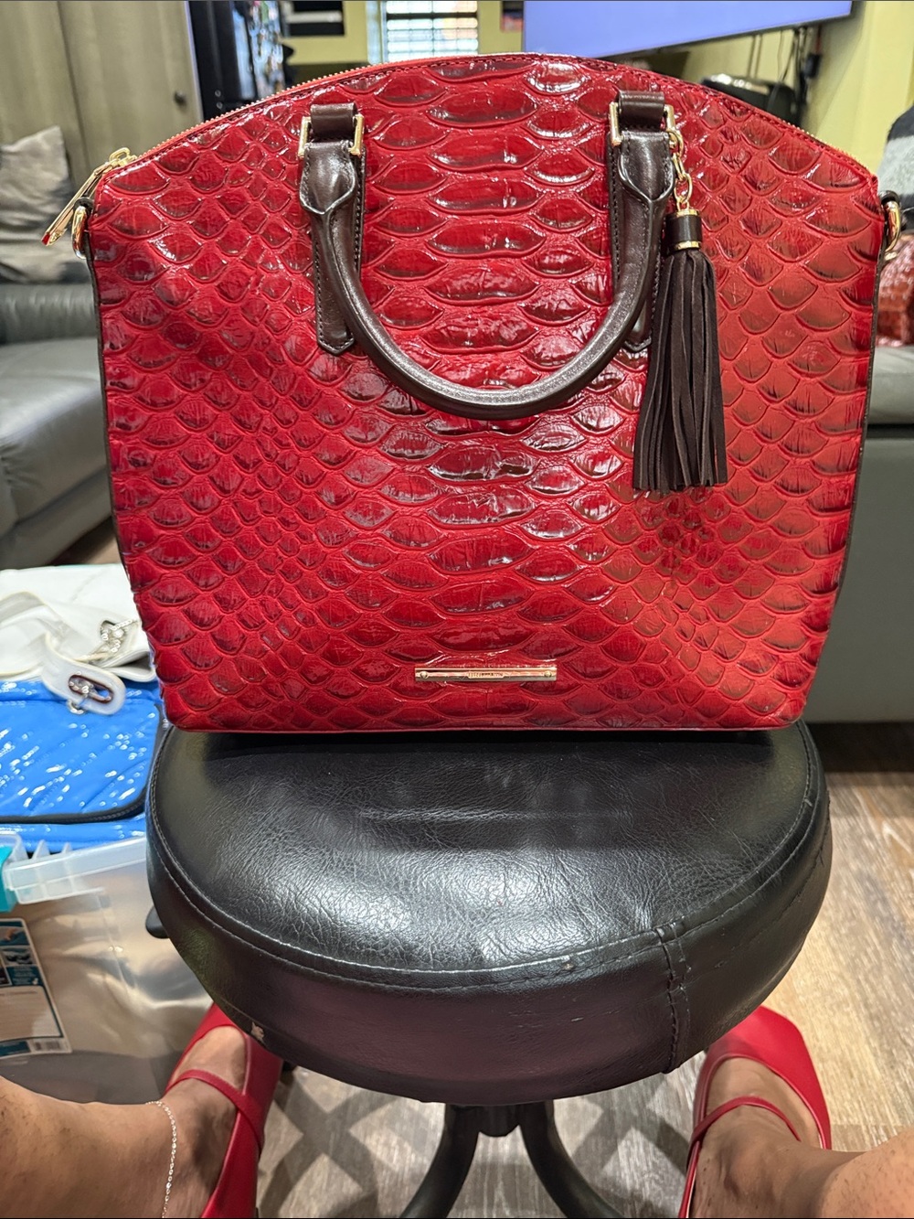 Brahmin Red Faux-Croc Tote with Brown Handles and Tassel